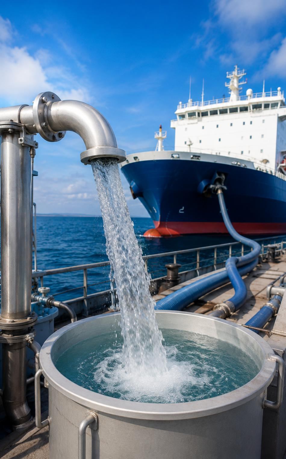 Fresh potable water being pumped into a supply tank aboard a vessel at a Saudi port